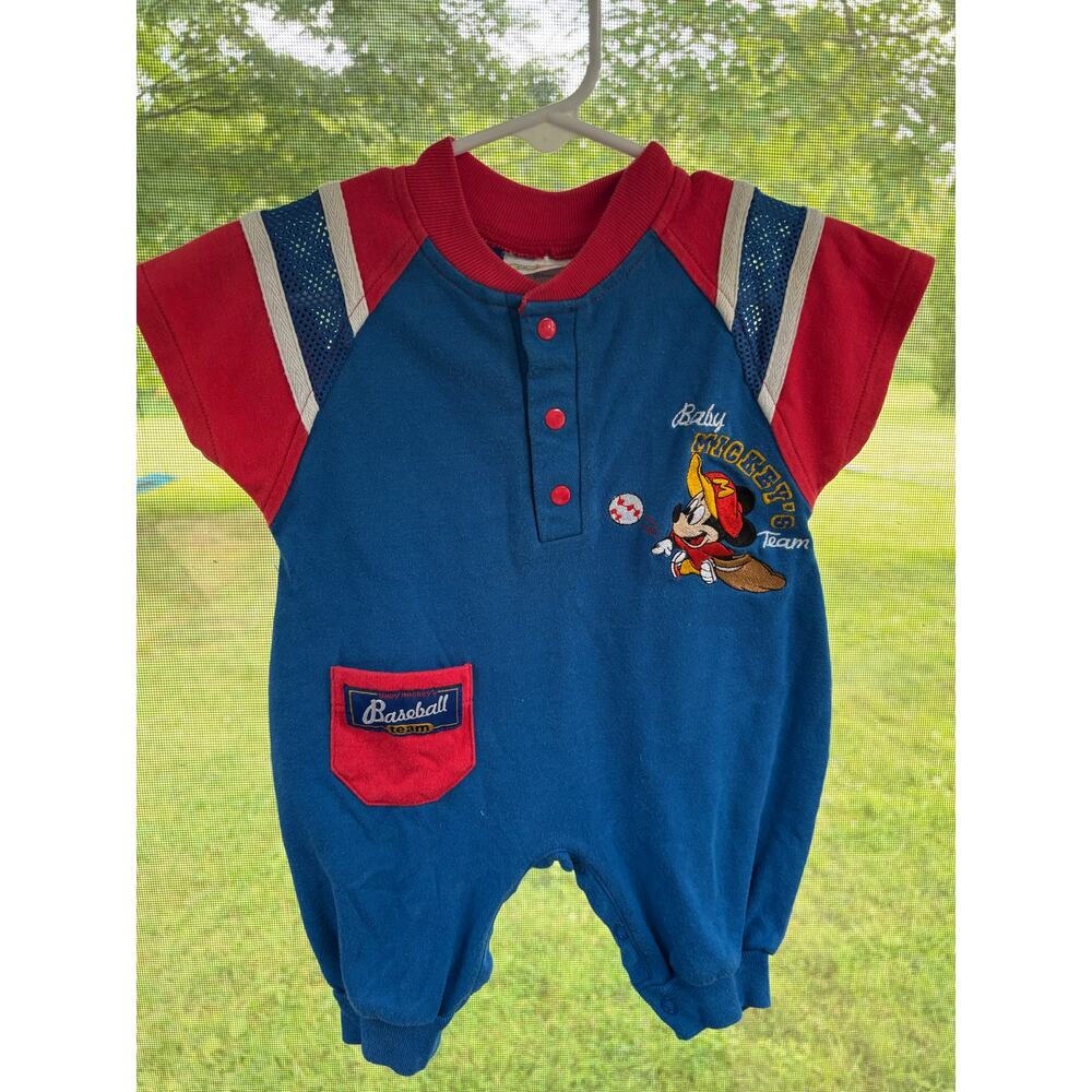 Vintage 90s Disney Baby Mickey Mouse Baseball Romper 6M Red Blue Cotton